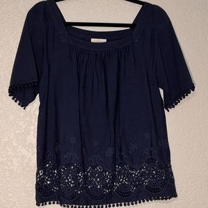 Loft Small Navy Blue Square Neck Short Sleeve Blouse With Eyelet Detail